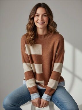 Hem & Thread Colorblock Striped Crewneck Knit Sweater Brown Cream White Wom. S